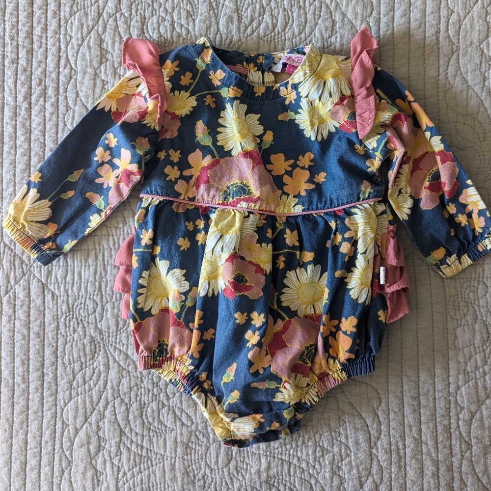 Ruffle Butts Baby Girl 3-6 mos Onesie Fall Floral Pink Blue Yellow Long sleeve